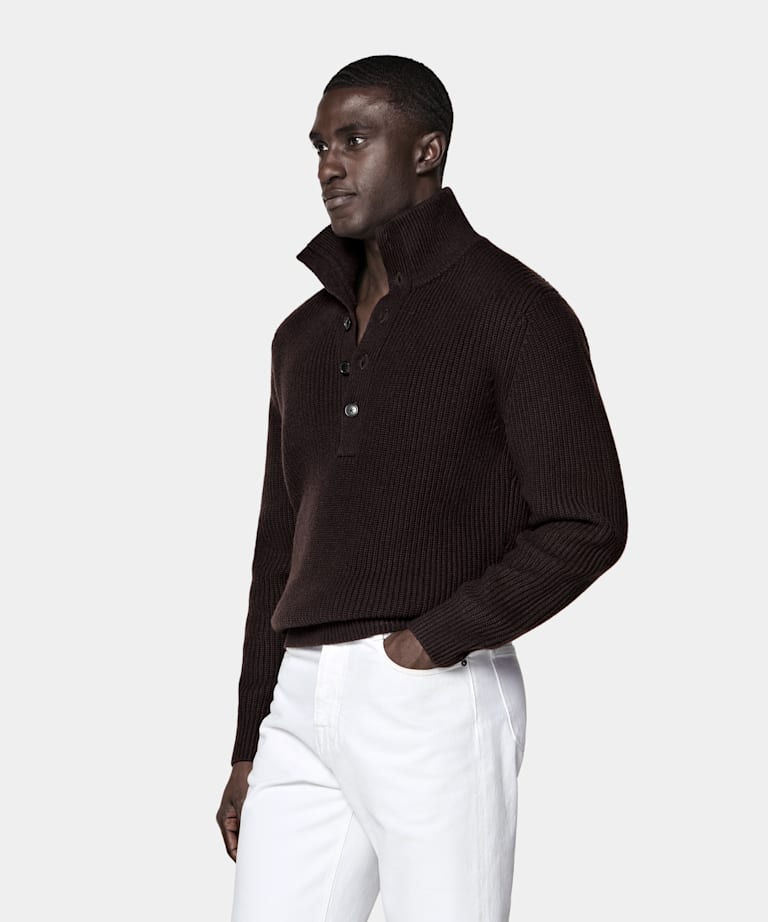 Dark Purple Ribbed Long Sleeve Funnel-Neck