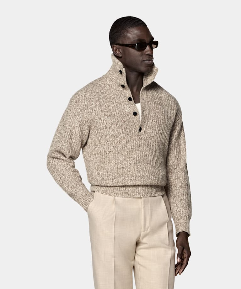 Light Brown Ribbed Moulin&eacute; Long Sleeve Funnel-Neck