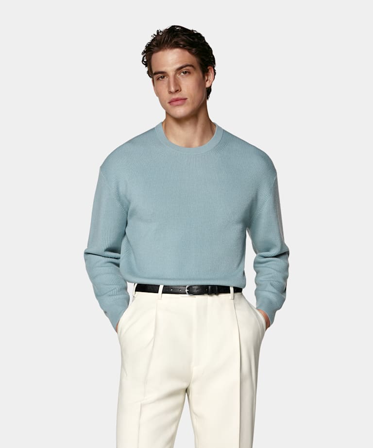 Light Blue Ribbed Merino Crewneck