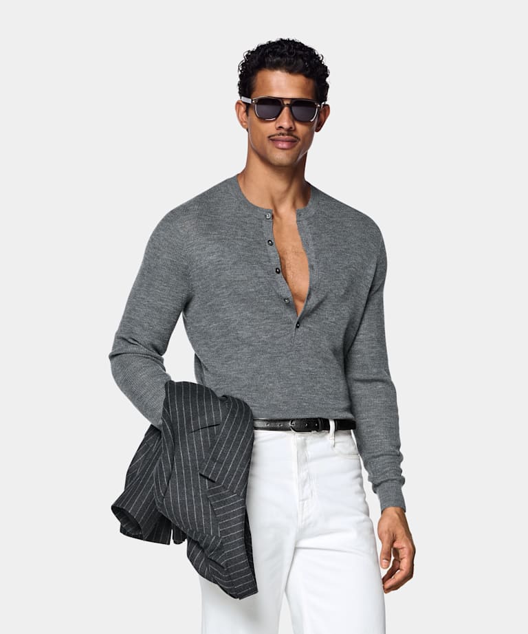 Mid Grey Ribbed Henley