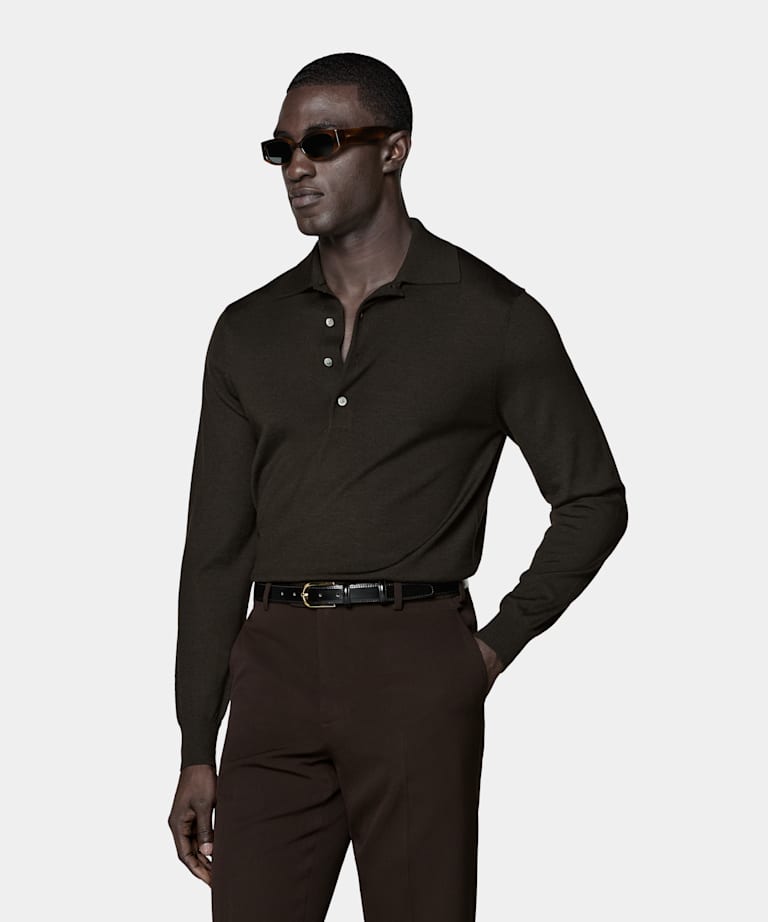 Dark Brown Merino Long Sleeve Polo