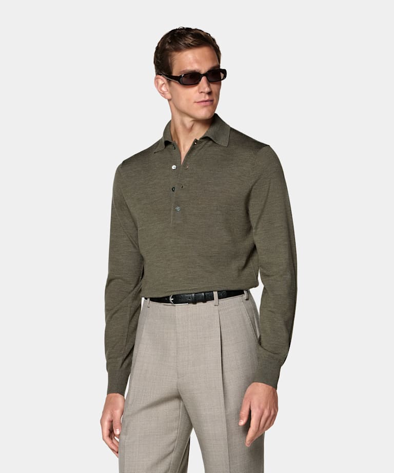 Mid Green Merino Long Sleeve Polo