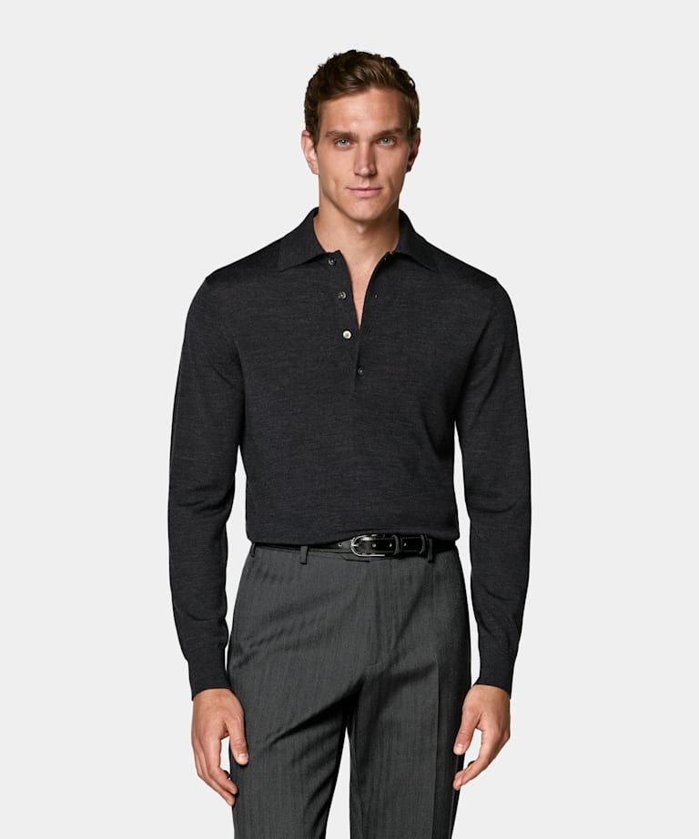 Dark Grey Merino Long Sleeve Polo