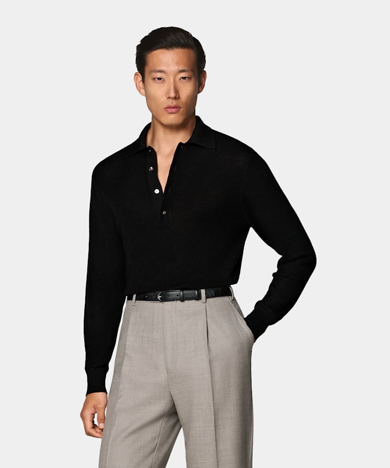 Black Ribbed Merino Long Sleeve Polo