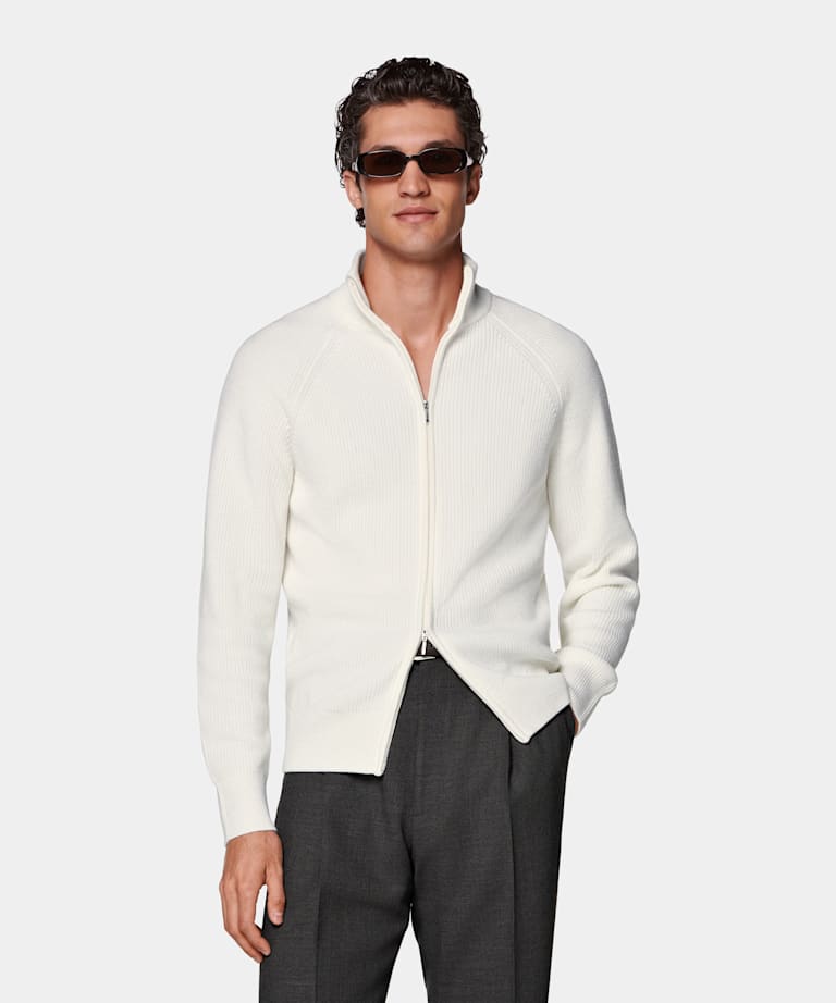 Off-White Ribbed Zip Cardigan