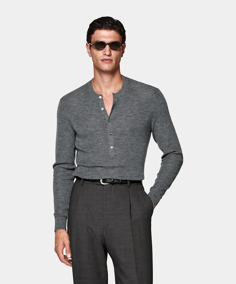Mid Grey Ribbed Henley