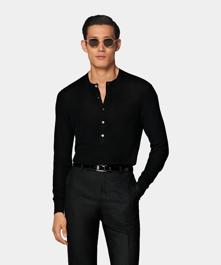 Black Ribbed Henley