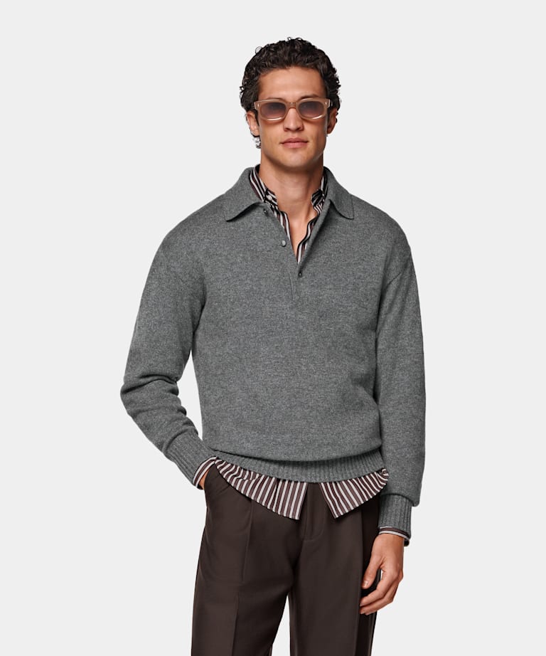 Mid Grey Long Sleeve Polo