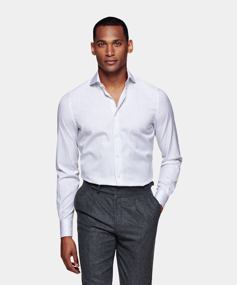 Light Grey Striped Twill Extra Slim Fit Shirt