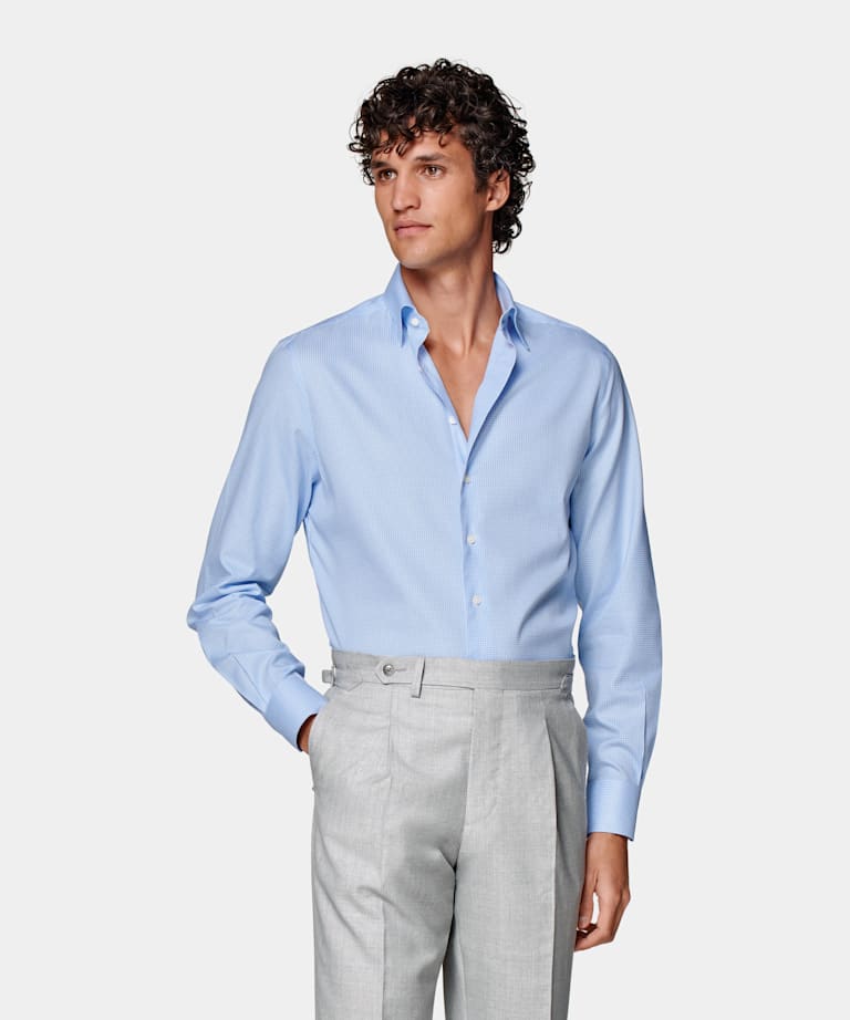 Camicia azzurra in twill a quadretti vestibilità slim