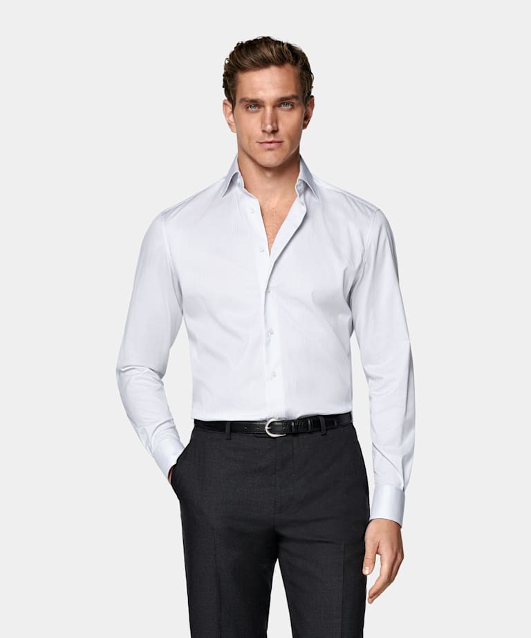 White Striped Twill Tailored Fit Shirt