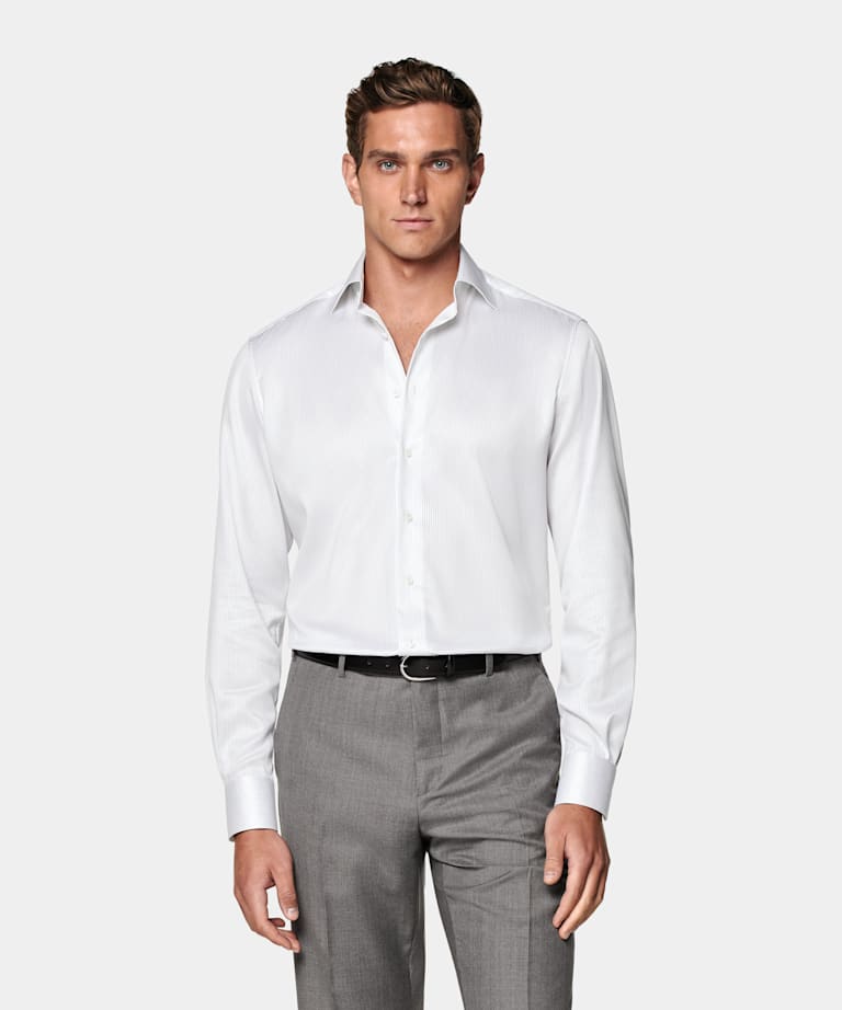 Grey Striped Twill Tailored Fit Shirt