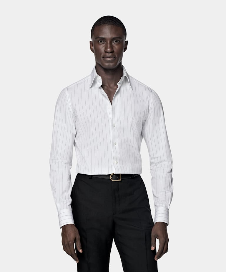 White Striped Point Collar Tailored Fit Shirt