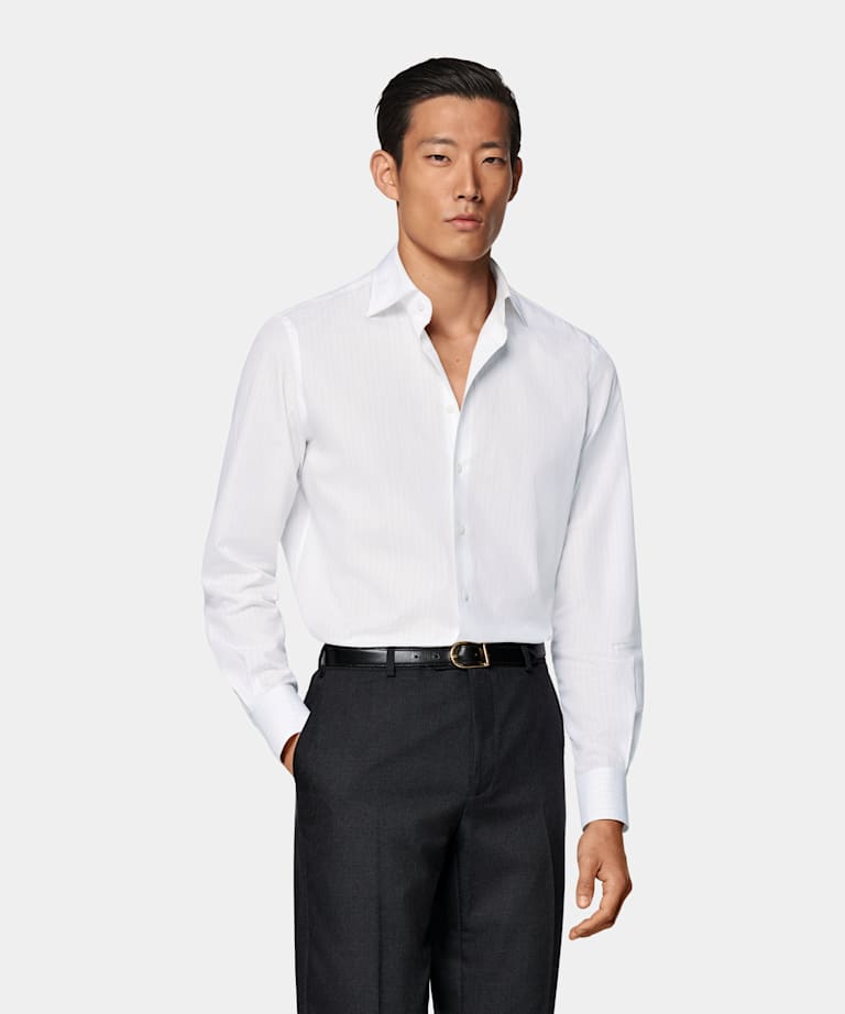Light Grey Striped Poplin Tailored Fit Shirt