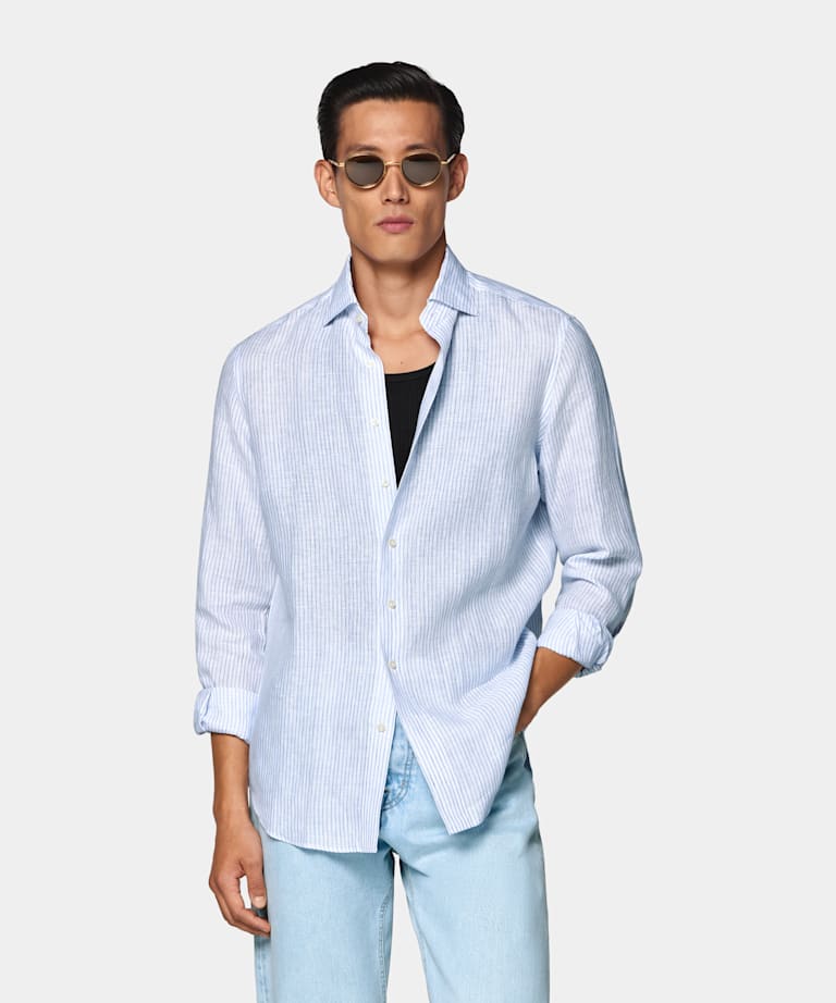 Mid Blue Striped Linen Shirt