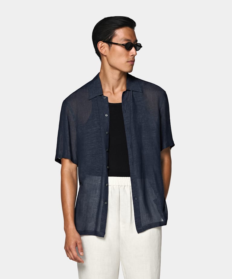 Navy Viscose Linen Short Sleeve Shirt