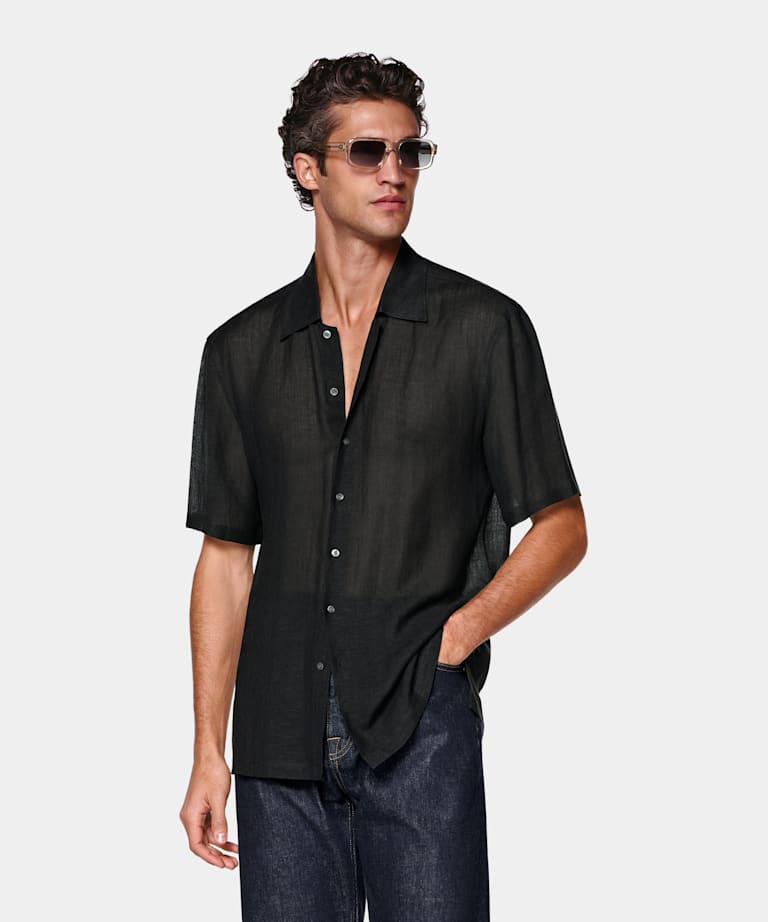 Black Viscose Linen Short Sleeve Shirt
