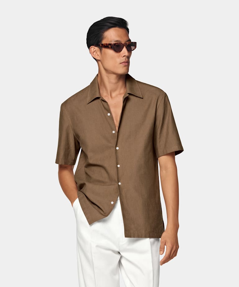 Mid Brown Cotton Short Sleeve Shirt