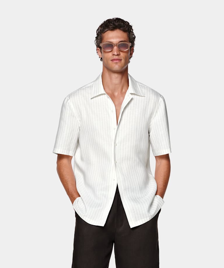 Light Grey Striped Linen Lyocell Short Sleeve Shirt