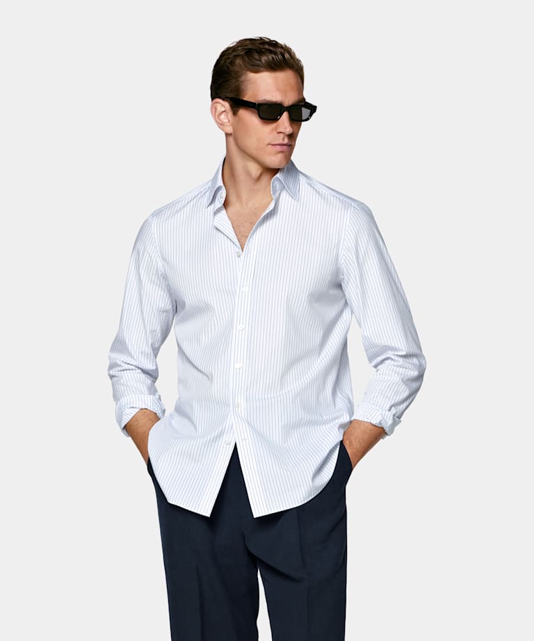 Mid Blue Striped Classic Collar Shirt