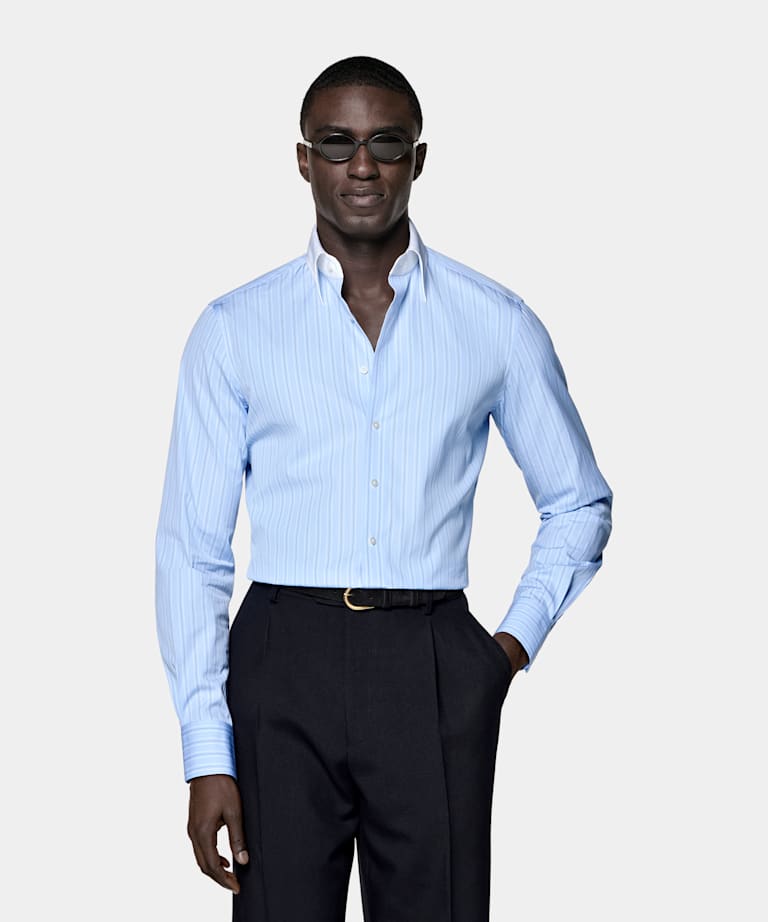 Light Blue Striped Point Collar Shirt