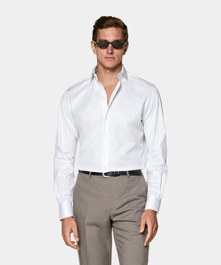 Light Grey Striped Widespread Collar Shirt