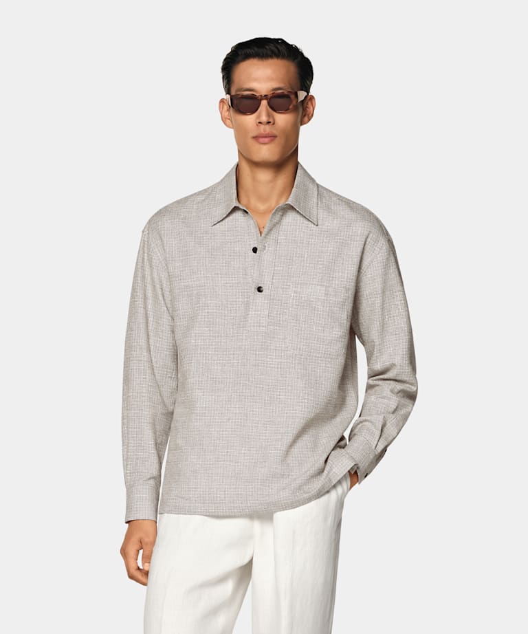 Mid Brown Checked Linen Cotton Blend Popover Shirt