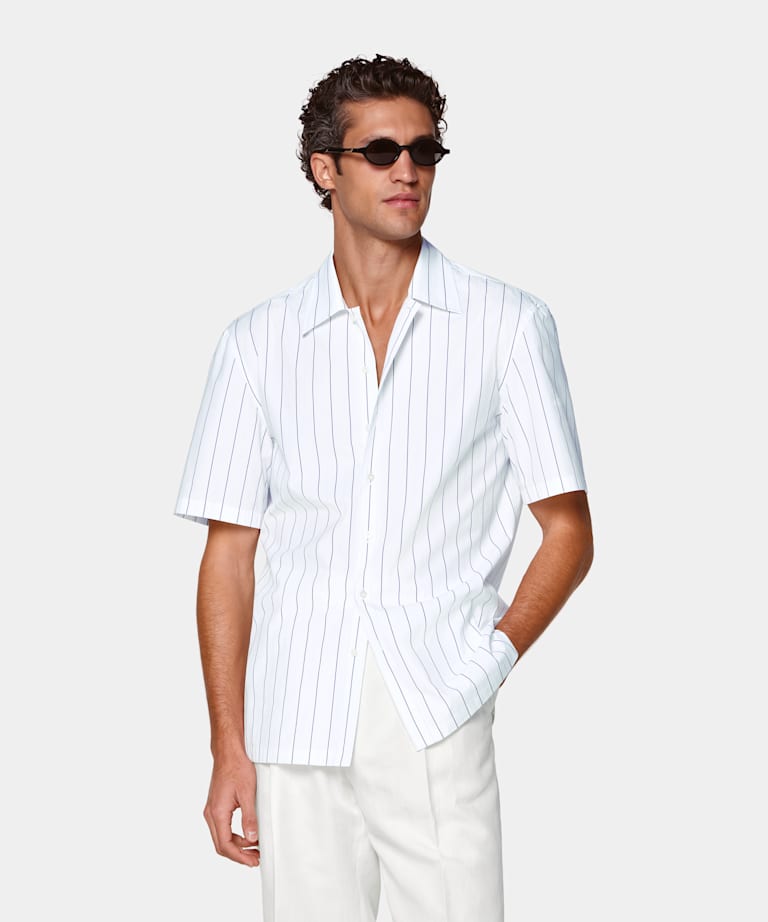 Mid Blue Striped Cotton Short Sleeve Shirt