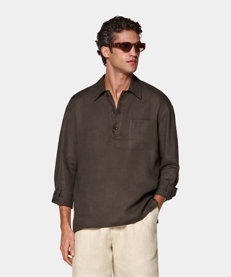 Dark Brown Linen Popover Shirt