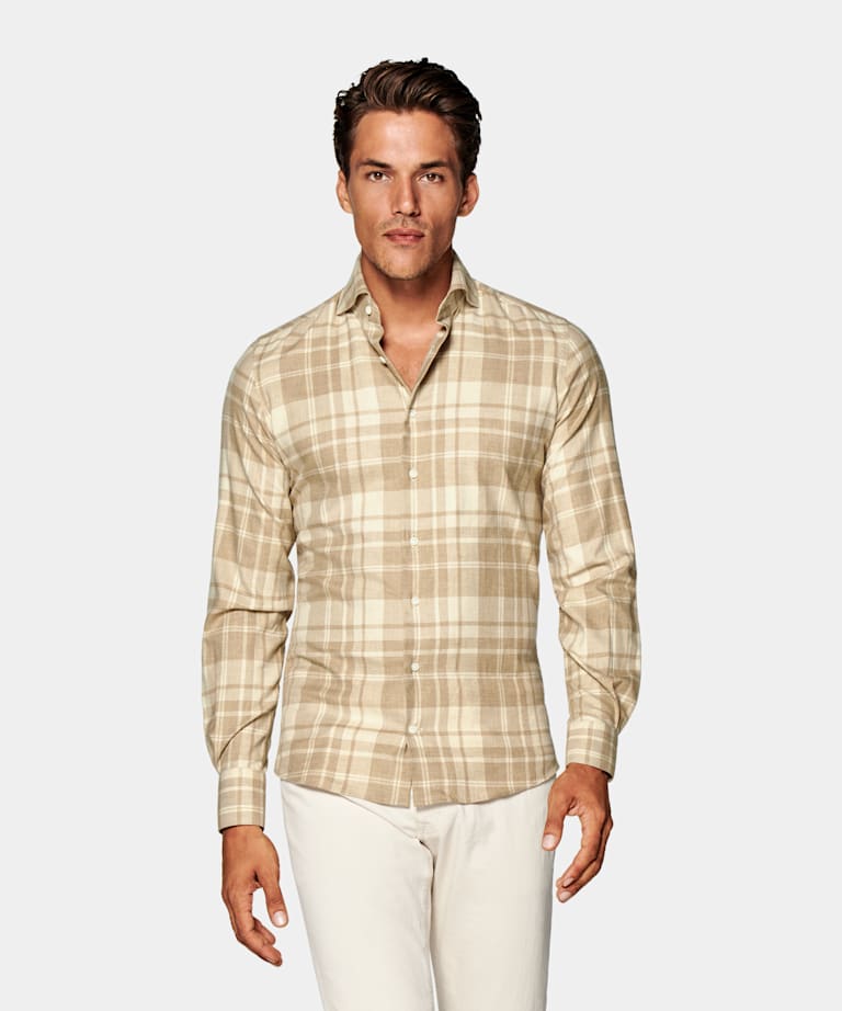Light Brown Checked Twill Extra Slim Fit Shirt