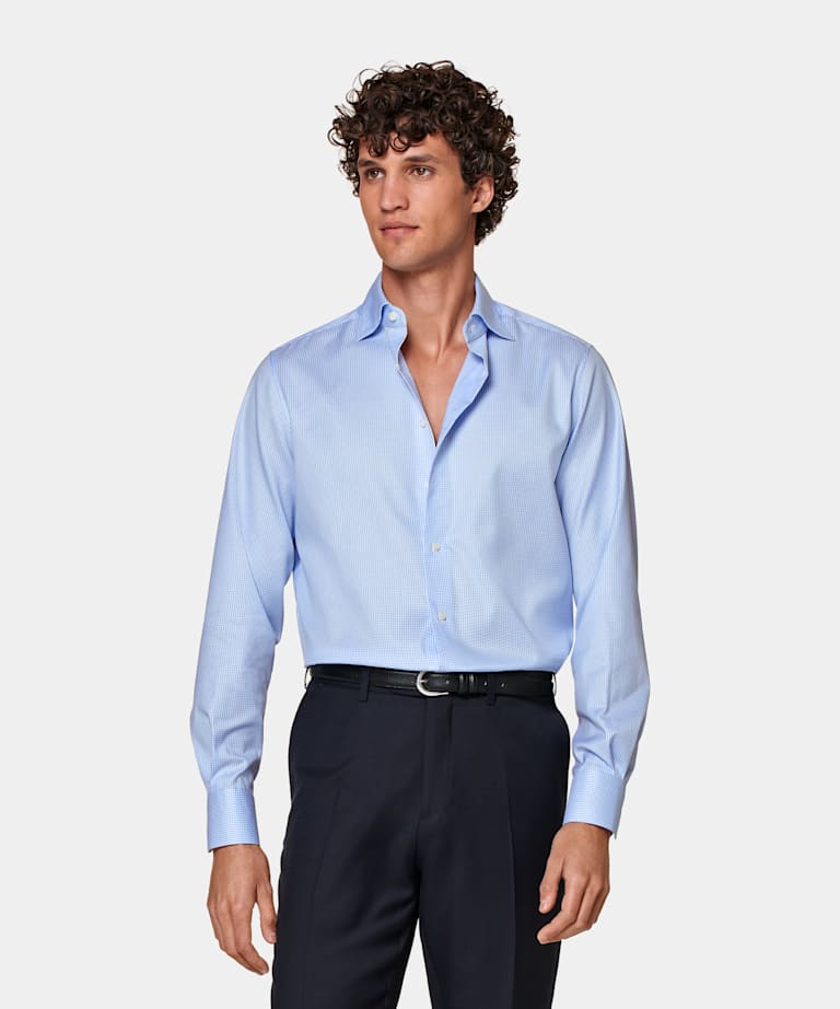 Chemise coupe ajustée en twill bleu clair à carreaux