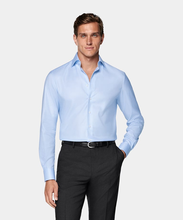 연한 블루 하운드투스 넓은 칼라 셔츠