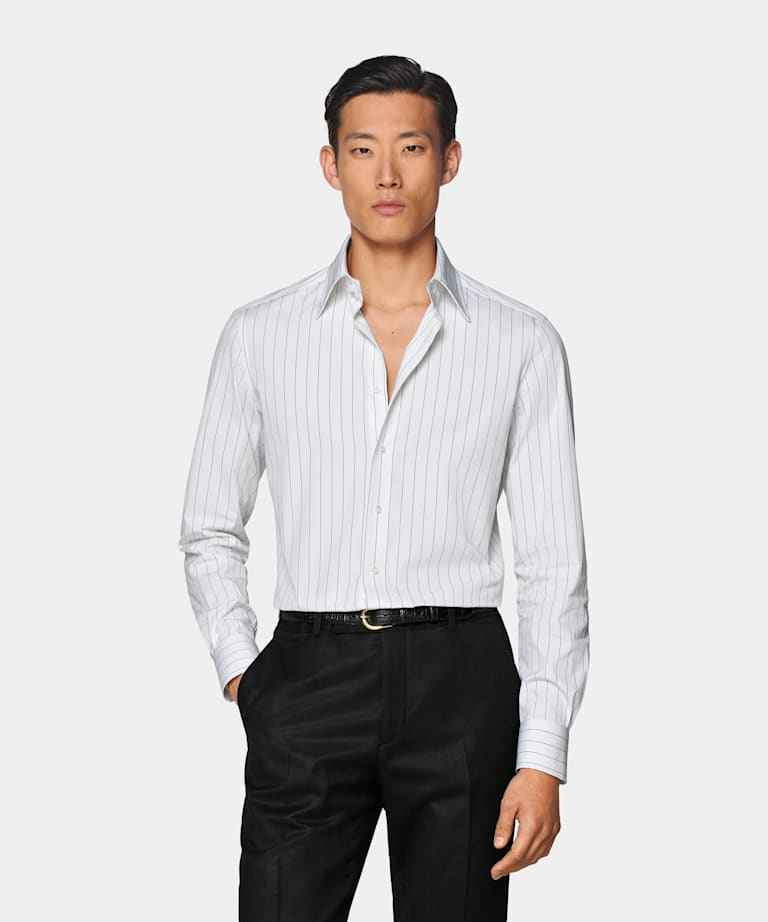 White Striped Large Classic Collar Tailored Fit Shirt
