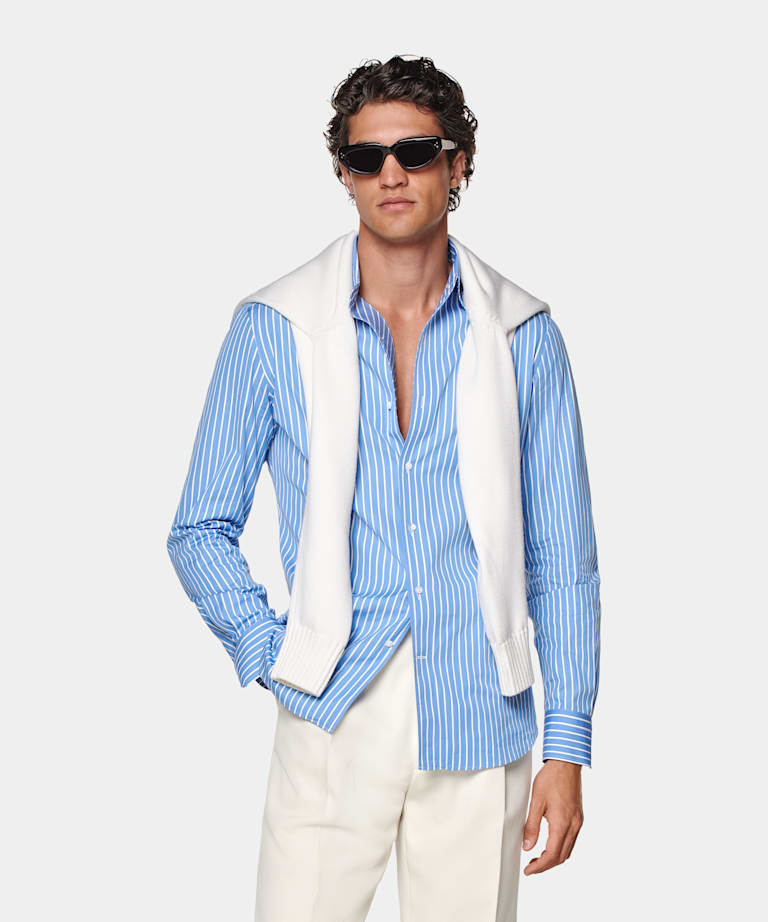 Mid Blue Striped Tailored Fit Shirt