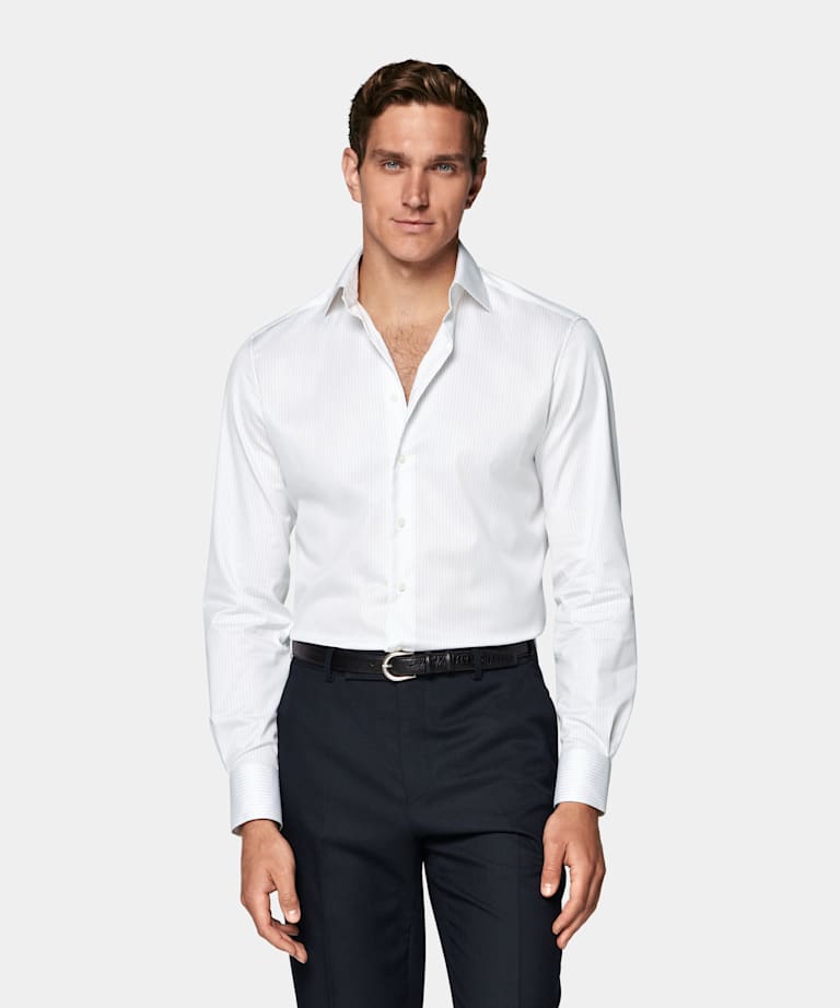 Light Grey Striped Widespread Collar Shirt