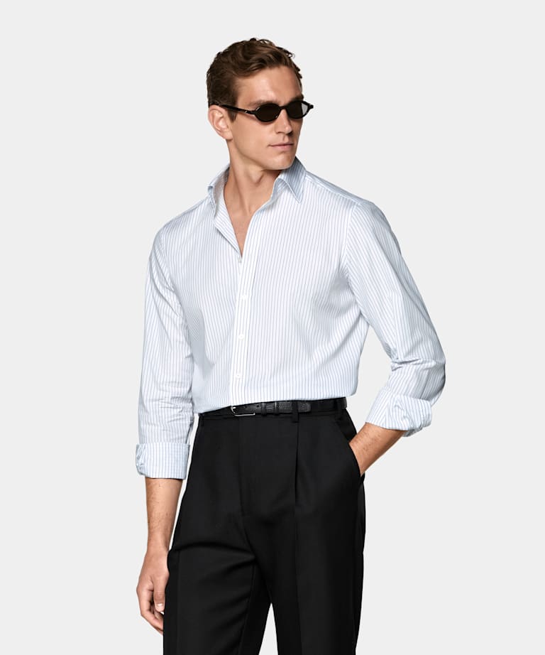 Hemd mittelblau gestreift Klassischer Kragen