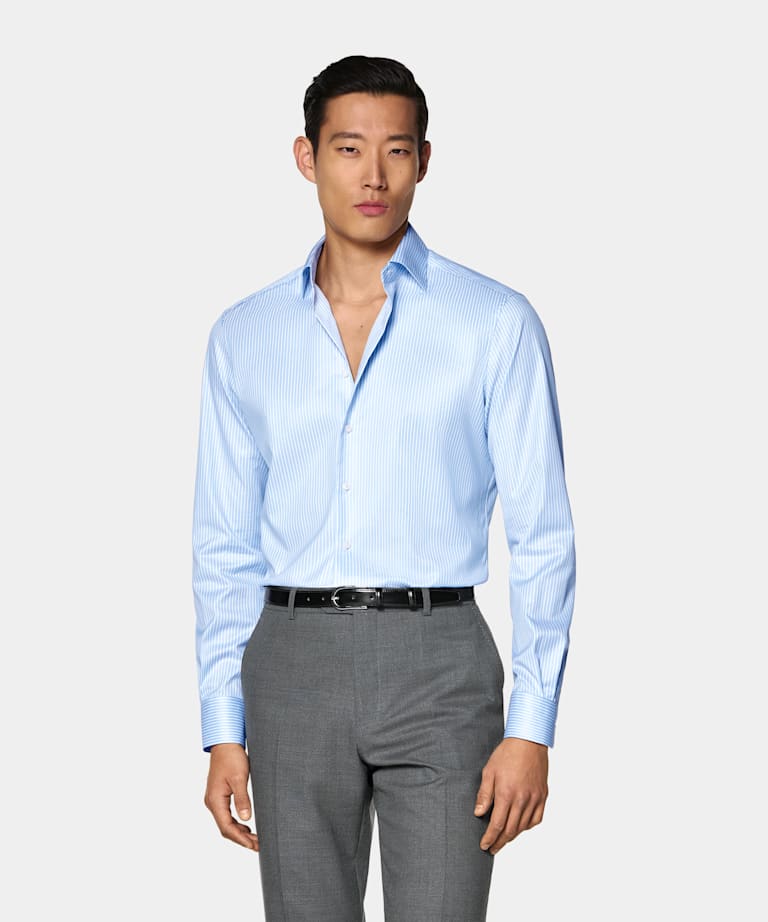 Mid Blue Striped Widespread Collar Shirt