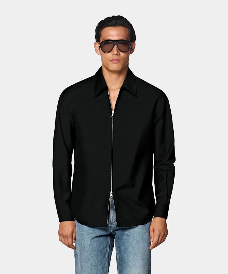Black Wool Mohair Zip Overshirt