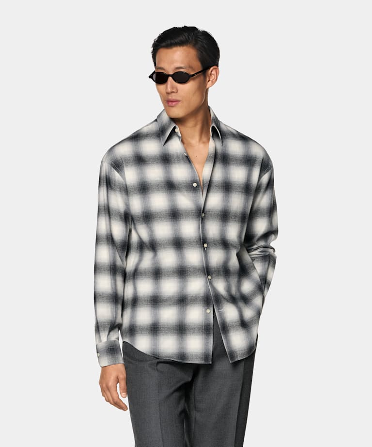 Dark Grey Checked Cotton Cashmere Shirt