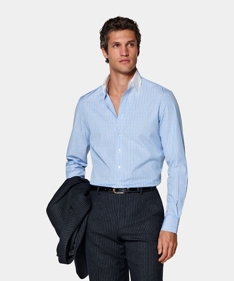 Light Blue Striped Point Collar Shirt