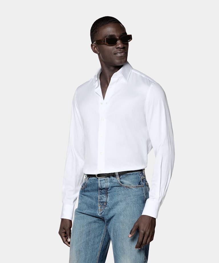 Mid Blue Striped Classic Collar Shirt