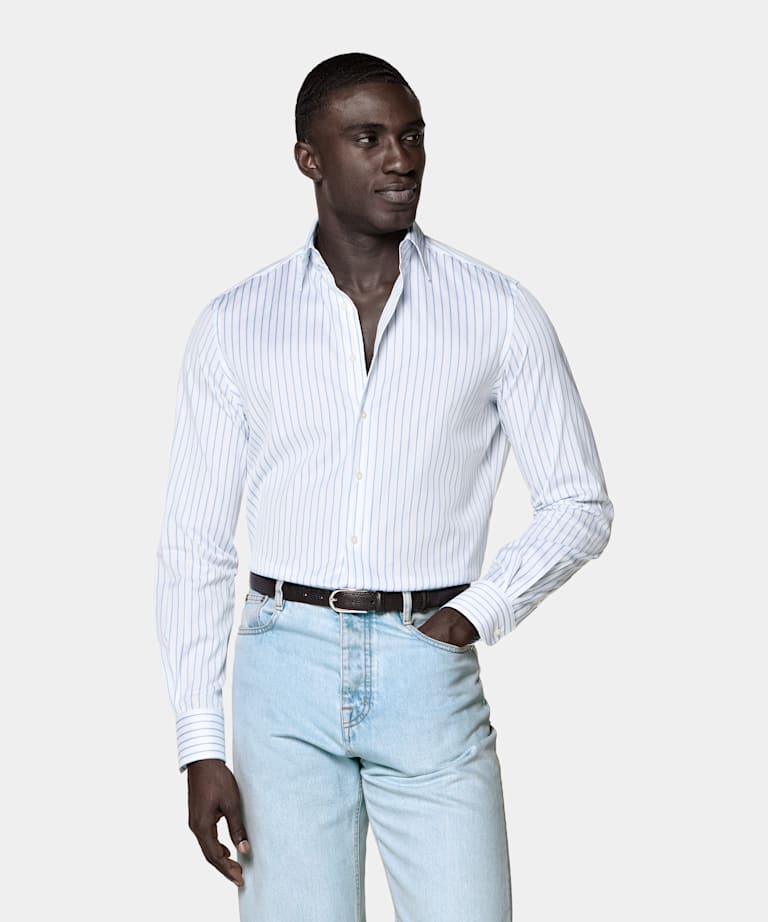 Mid Blue Striped Classic Collar Shirt