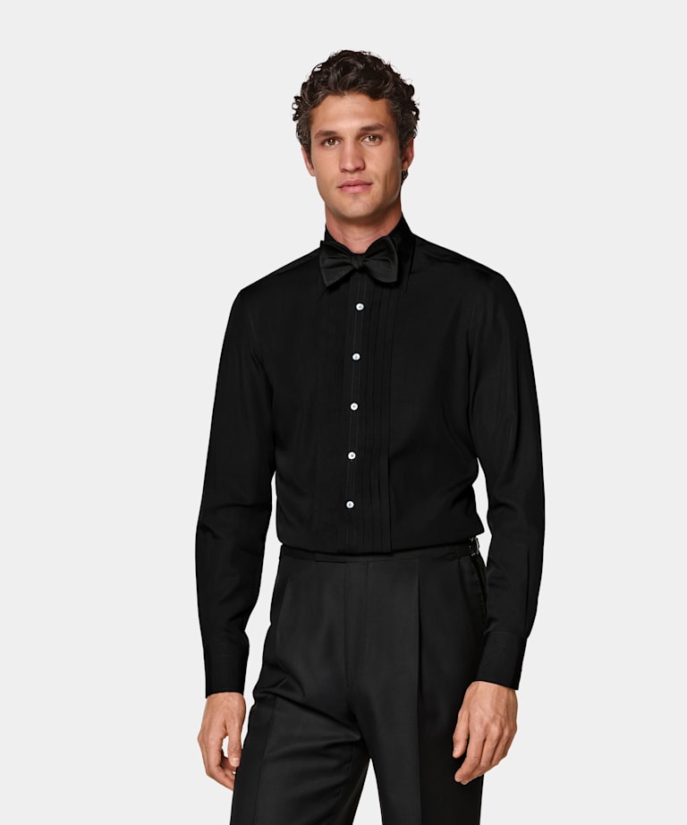 Black Pliss&eacute; Tuxedo Shirt