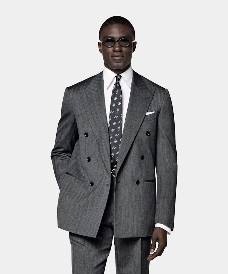Dark Grey Herringbone Relaxed Fit Roma Suit