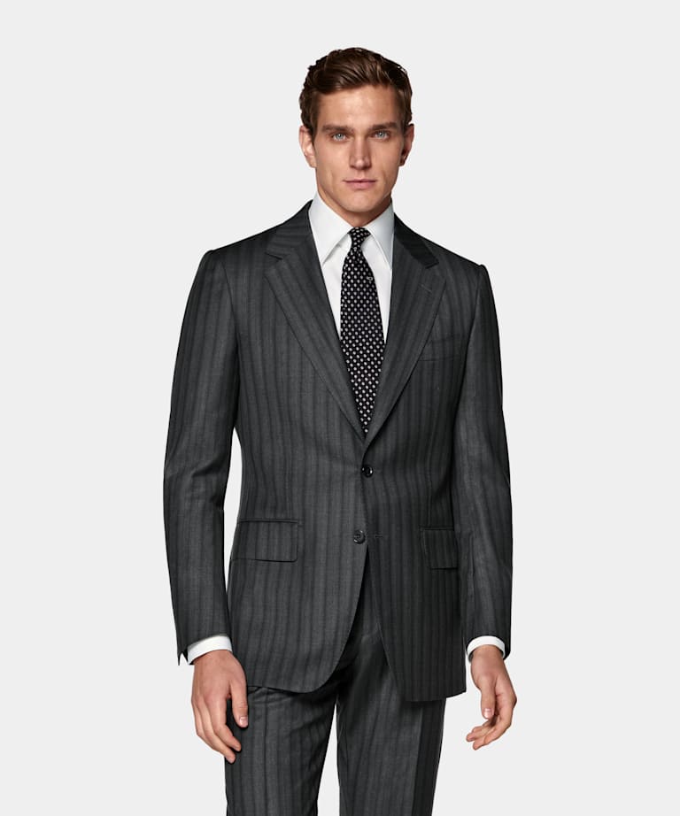 Dark Grey Striped Tailored Fit Milano Suit