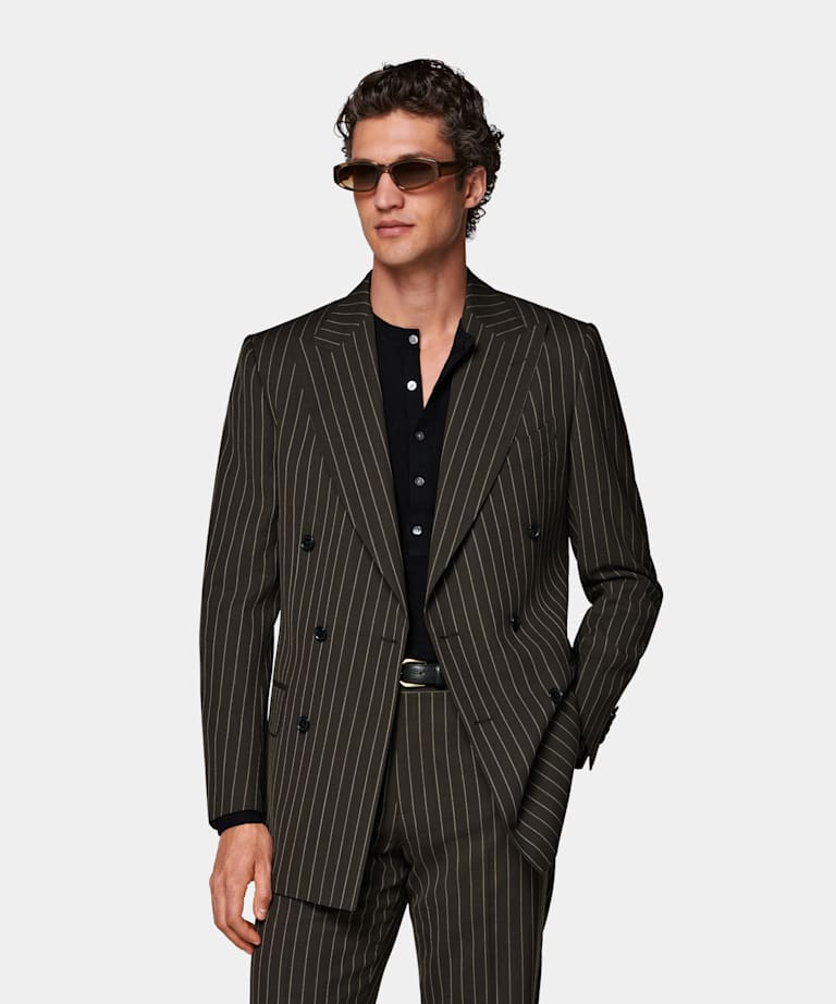 Dark Green Striped Tailored Fit Milano Suit