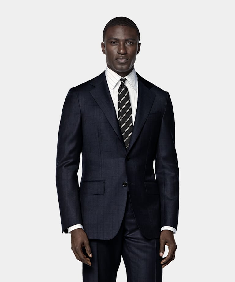 Costume Havana coupe Tailored bleu marine &agrave; carreaux