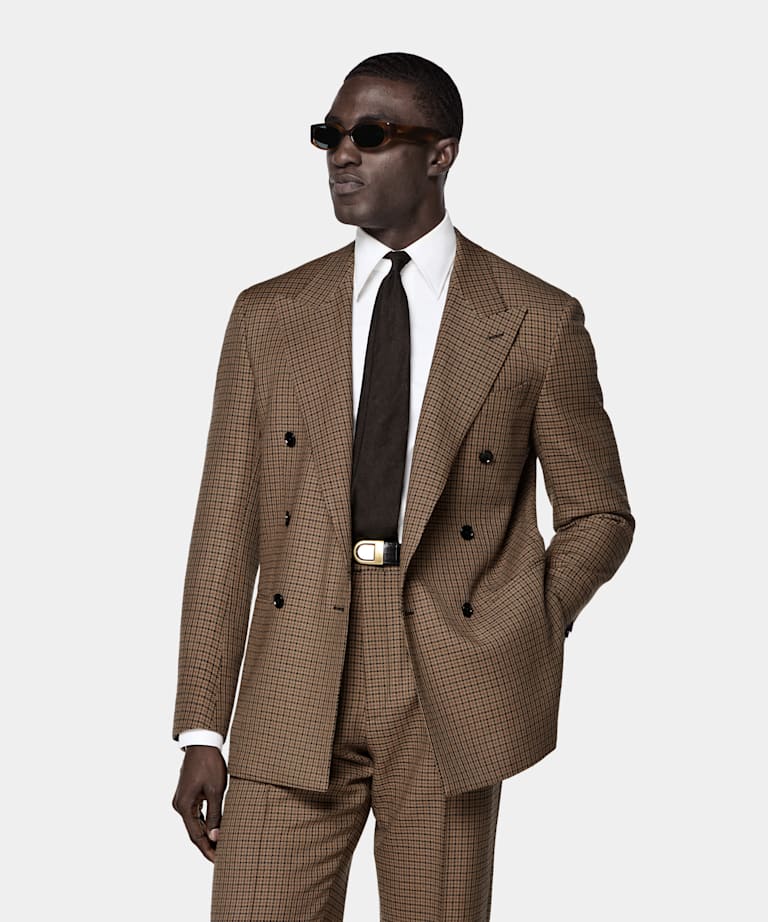 Mid Brown Checked Relaxed Fit Roma Suit