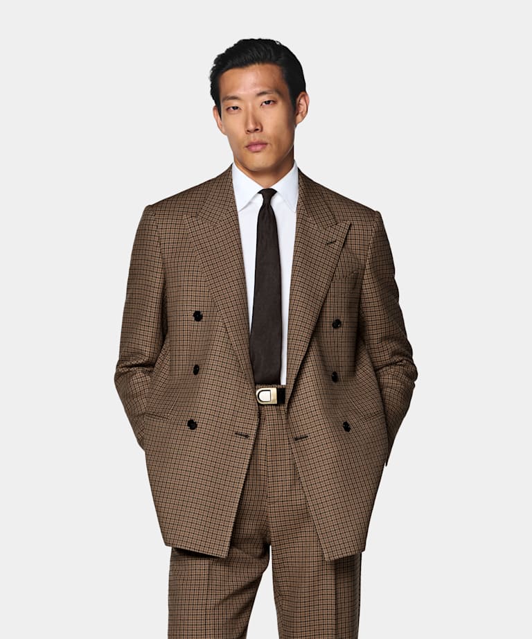 Mid Brown Checked Relaxed Fit Roma Suit