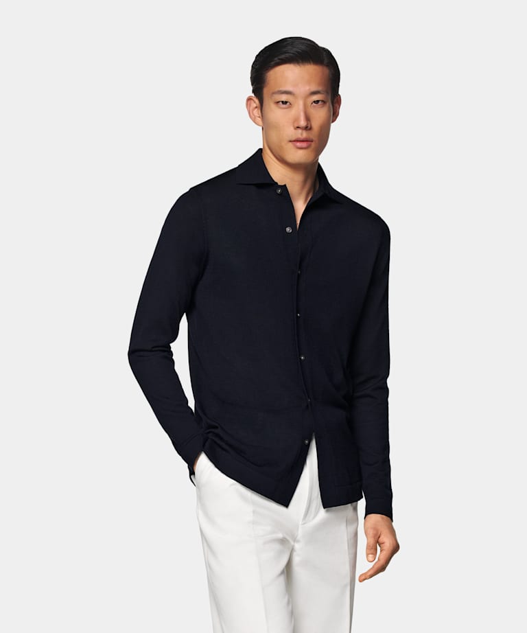 Navy Merino Long Sleeve Polo Cardigan